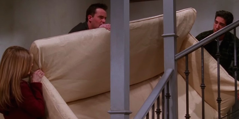 Friends series moving scene. ross, rachel and chandler moving sofa